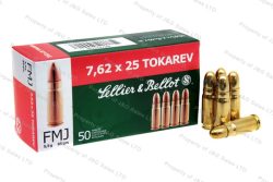 7.62x25 Tokarev S&B 85gr FMJ Ammo, 50rd box.